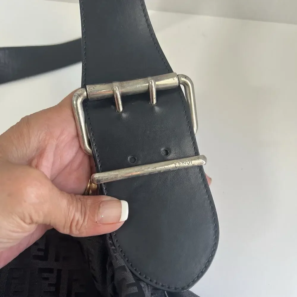 Authentic Fendi Vintage Zucca Canvas And Leather Oyster Bag Black Zip Closure